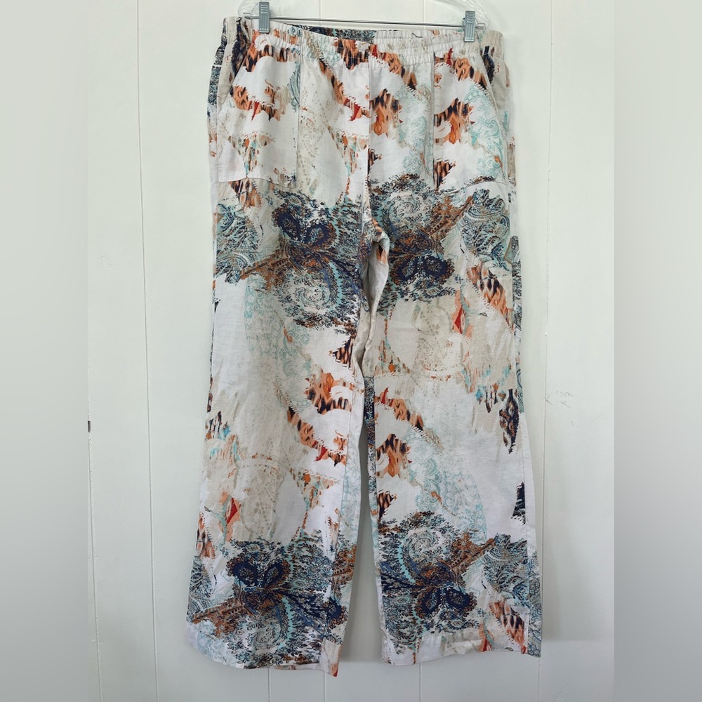 Chico's Paisley Print Wide-Leg Linen Boho Pants Coastal Grandma Size 2.5/14